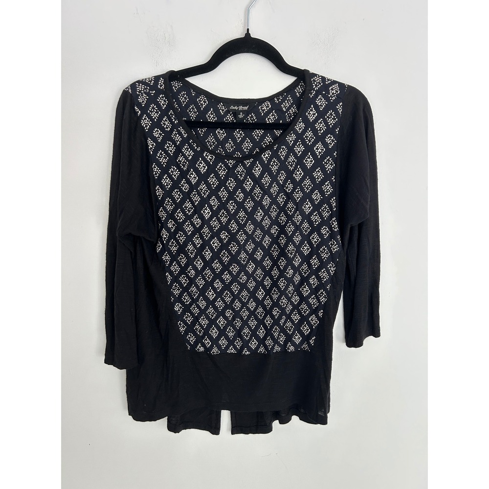 Lucky Brand Women Black Diamond Print Mixed Media Split Back Top Small 3/4Sleeve